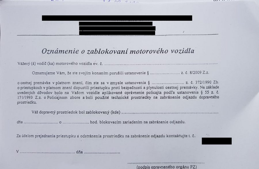 VZOR: Oznámenie o zablokovaní motorového vozidla